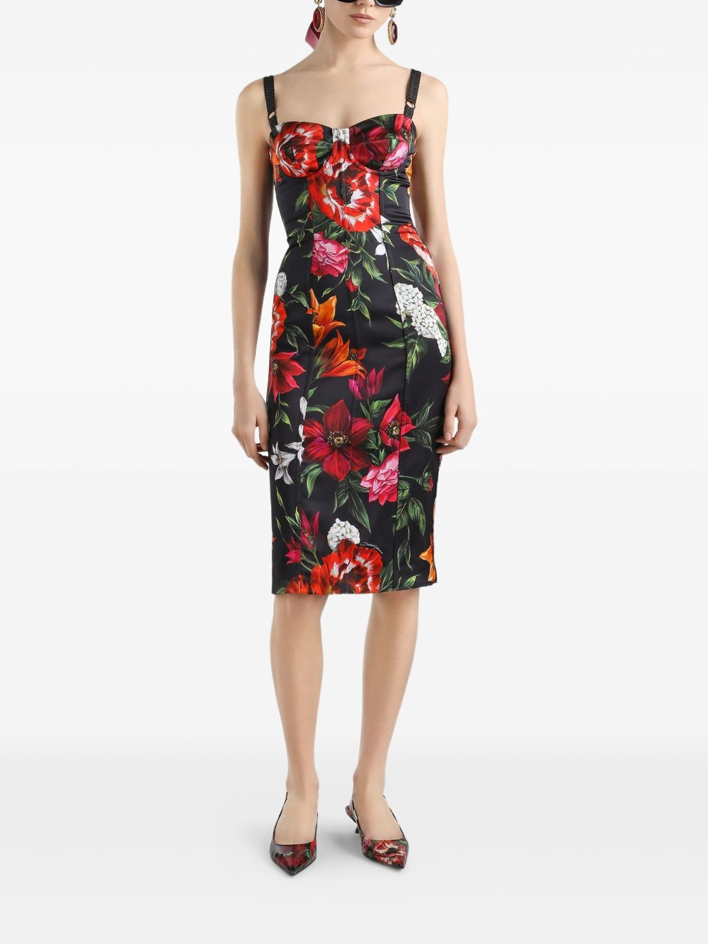 Dolce & Gabbana Satin Printed Sleeveless Black Dress with Square Neck Black