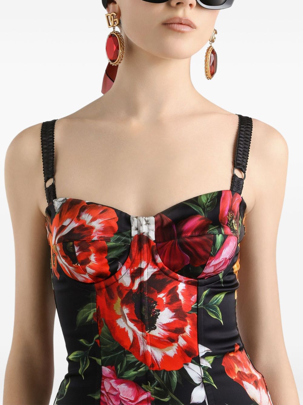 Dolce & Gabbana Satin Printed Sleeveless Black Dress with Square Neck Black