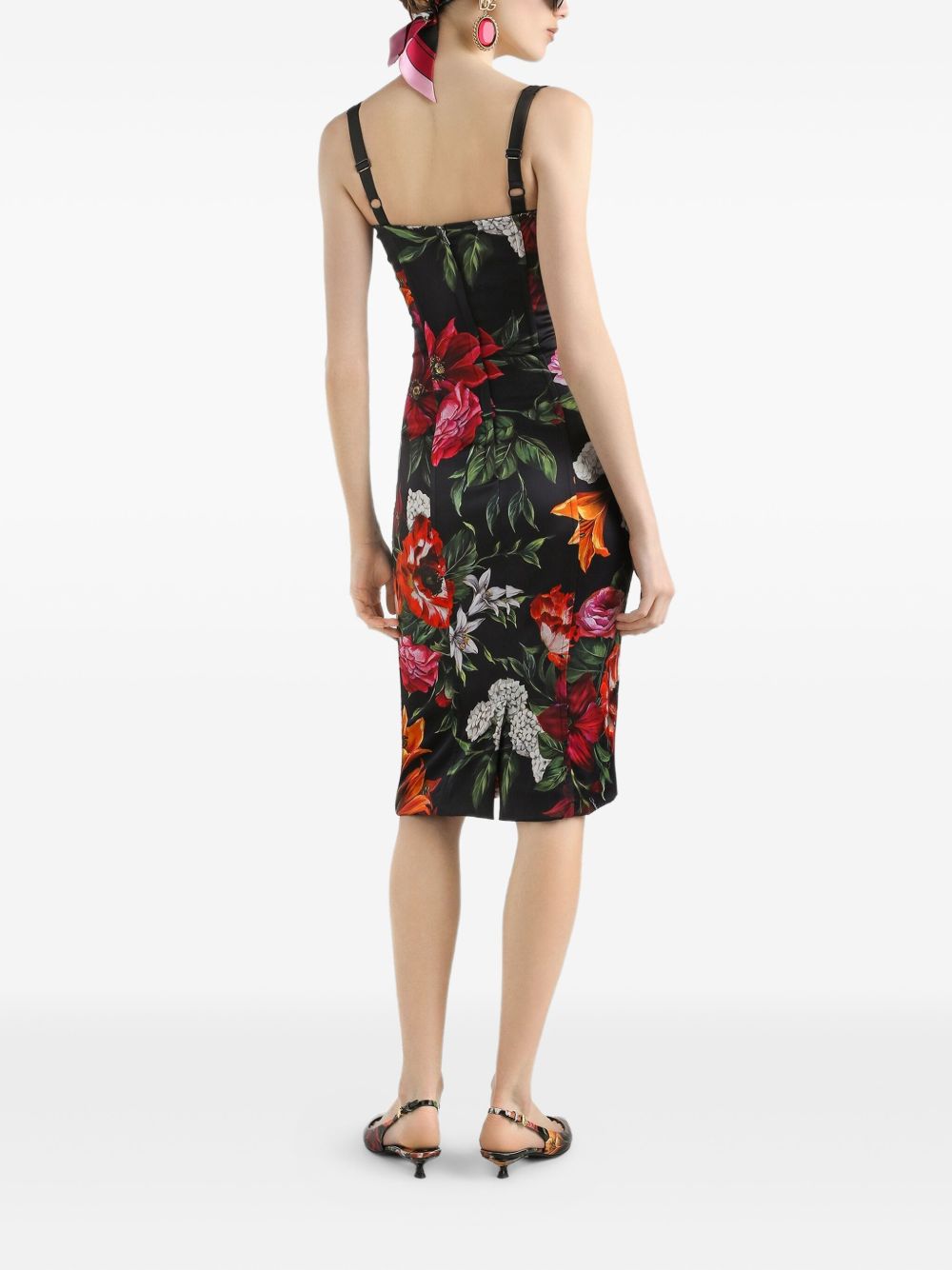 Dolce & Gabbana Satin Printed Sleeveless Black Dress with Square Neck Black