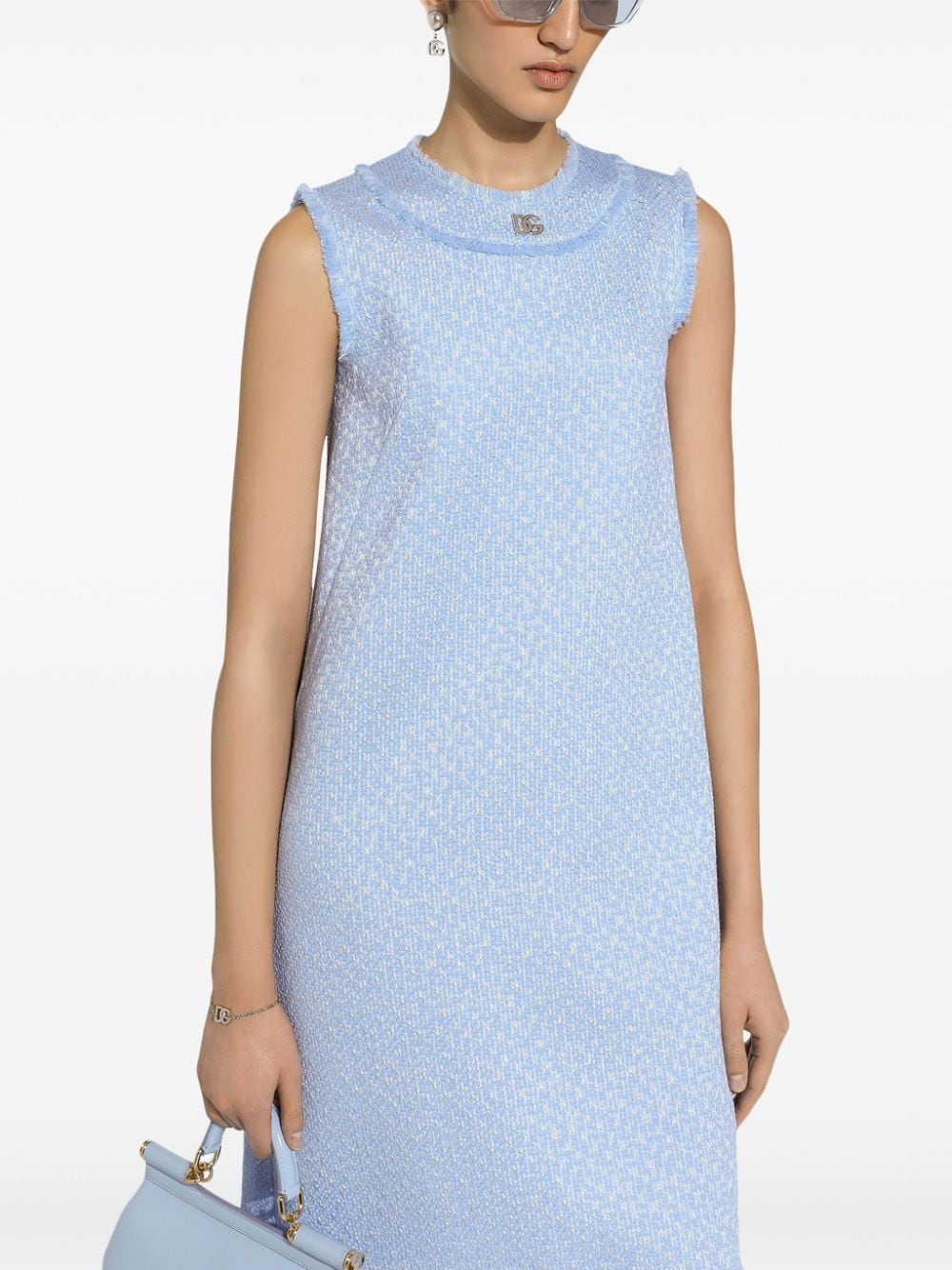 Dolce & Gabbana Bouclé Tweed Mini Dress With Appliqué Logo Clear Blue