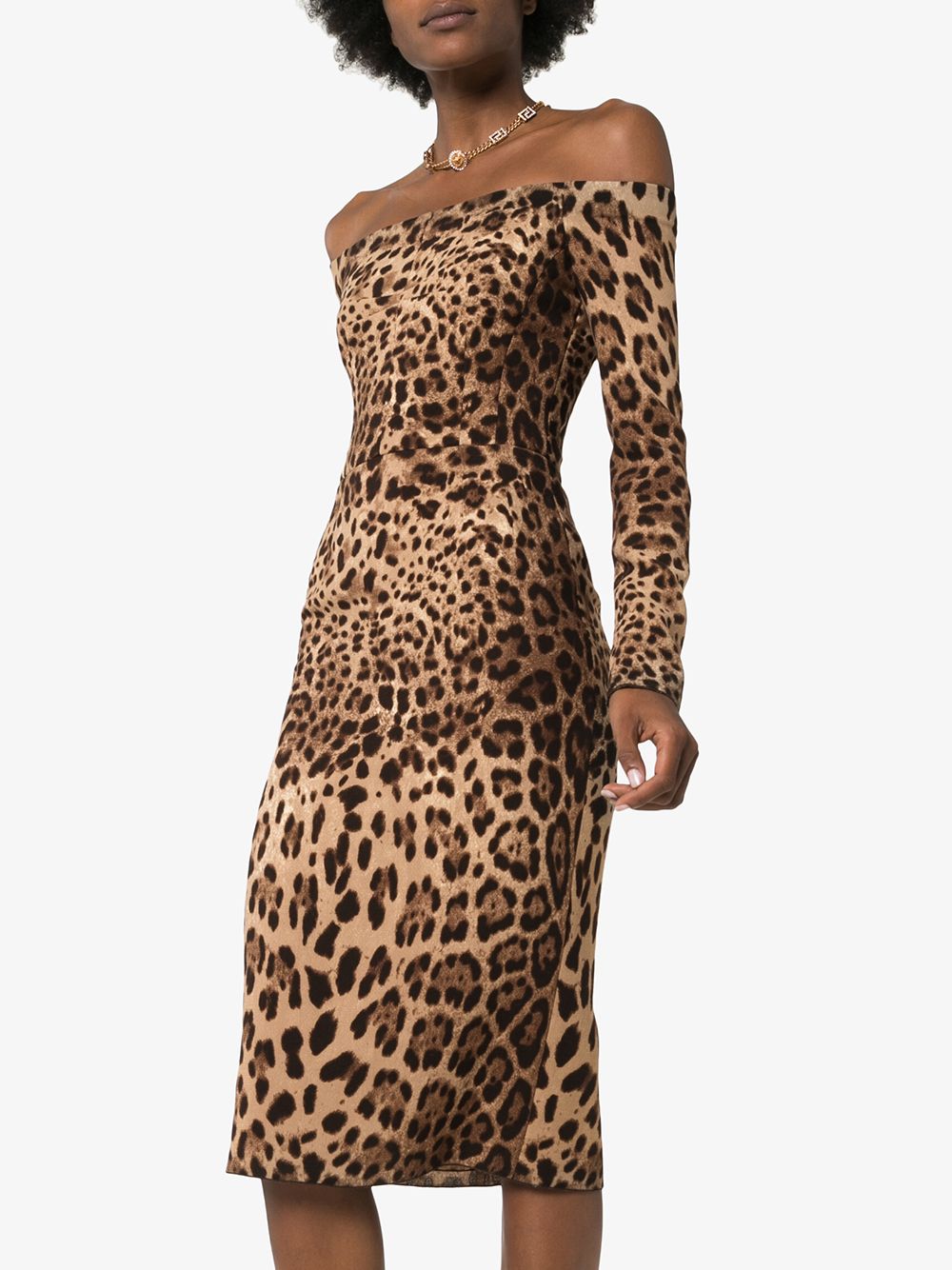 Dolce & Gabbana Leopard Print Wool Midi Dress Brown