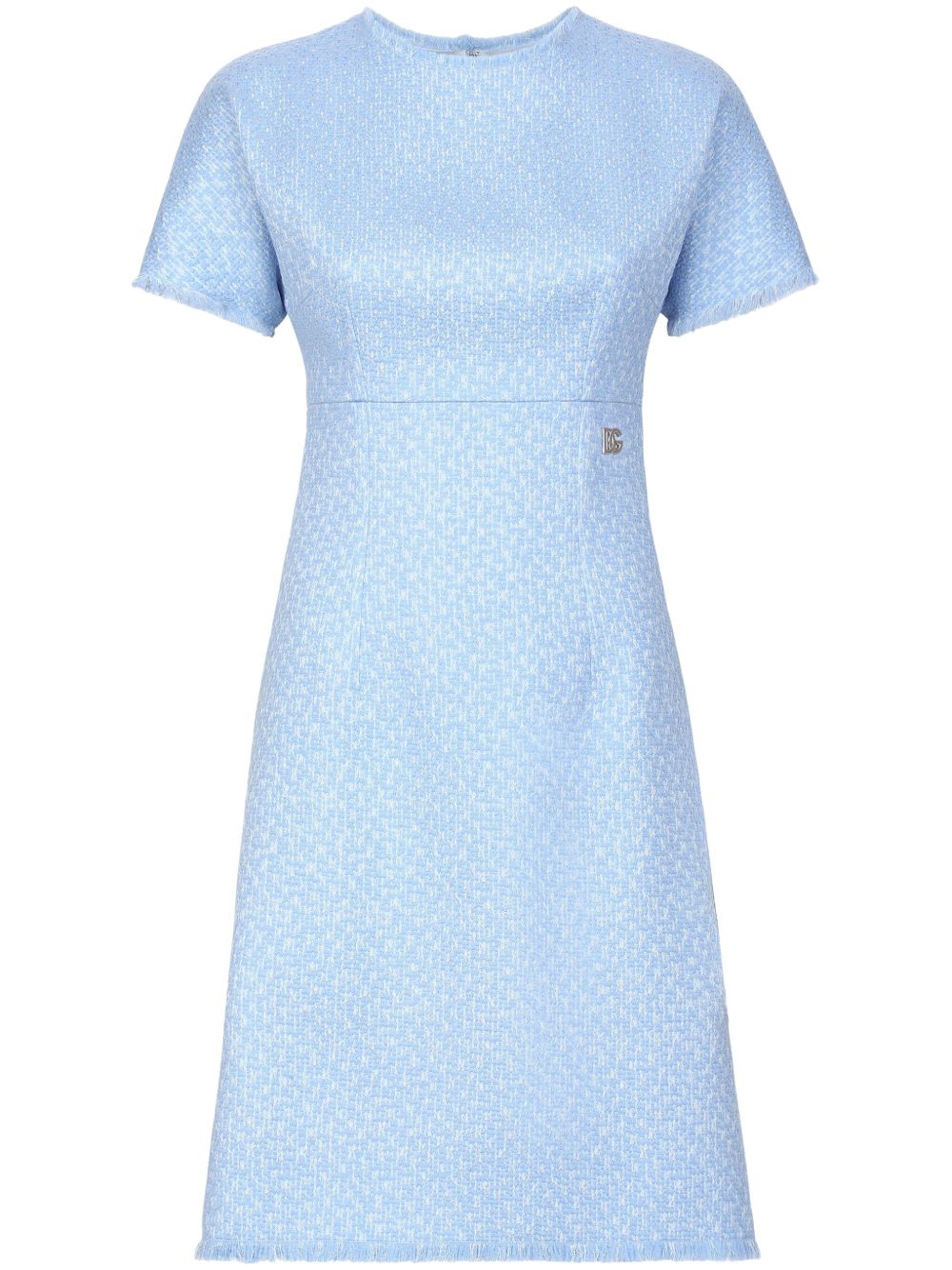 Dolce & Gabbana Bouclé A-Line Tweed Mini Dress with Logo Appliqué Clear Blue