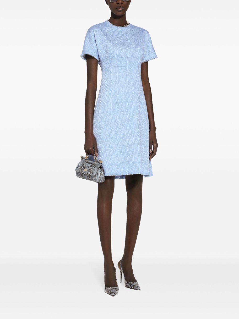 Dolce & Gabbana Bouclé A-Line Tweed Mini Dress with Logo Appliqué Clear Blue