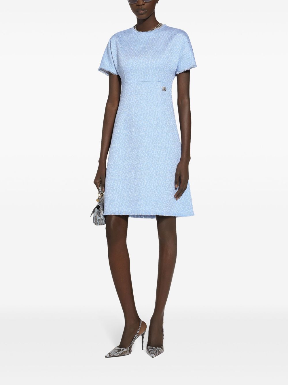 Dolce & Gabbana Bouclé A-Line Tweed Mini Dress with Logo Appliqué Clear Blue