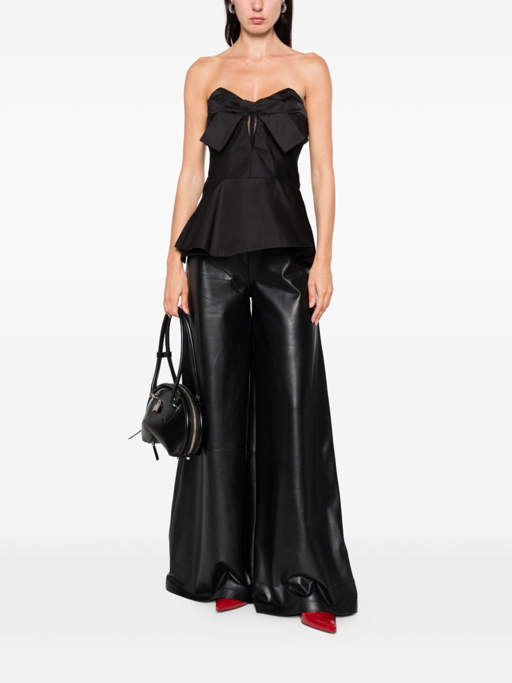 Alexander McQueen Bow-Detailed Off-Shoulder Silk Peplum Top Black