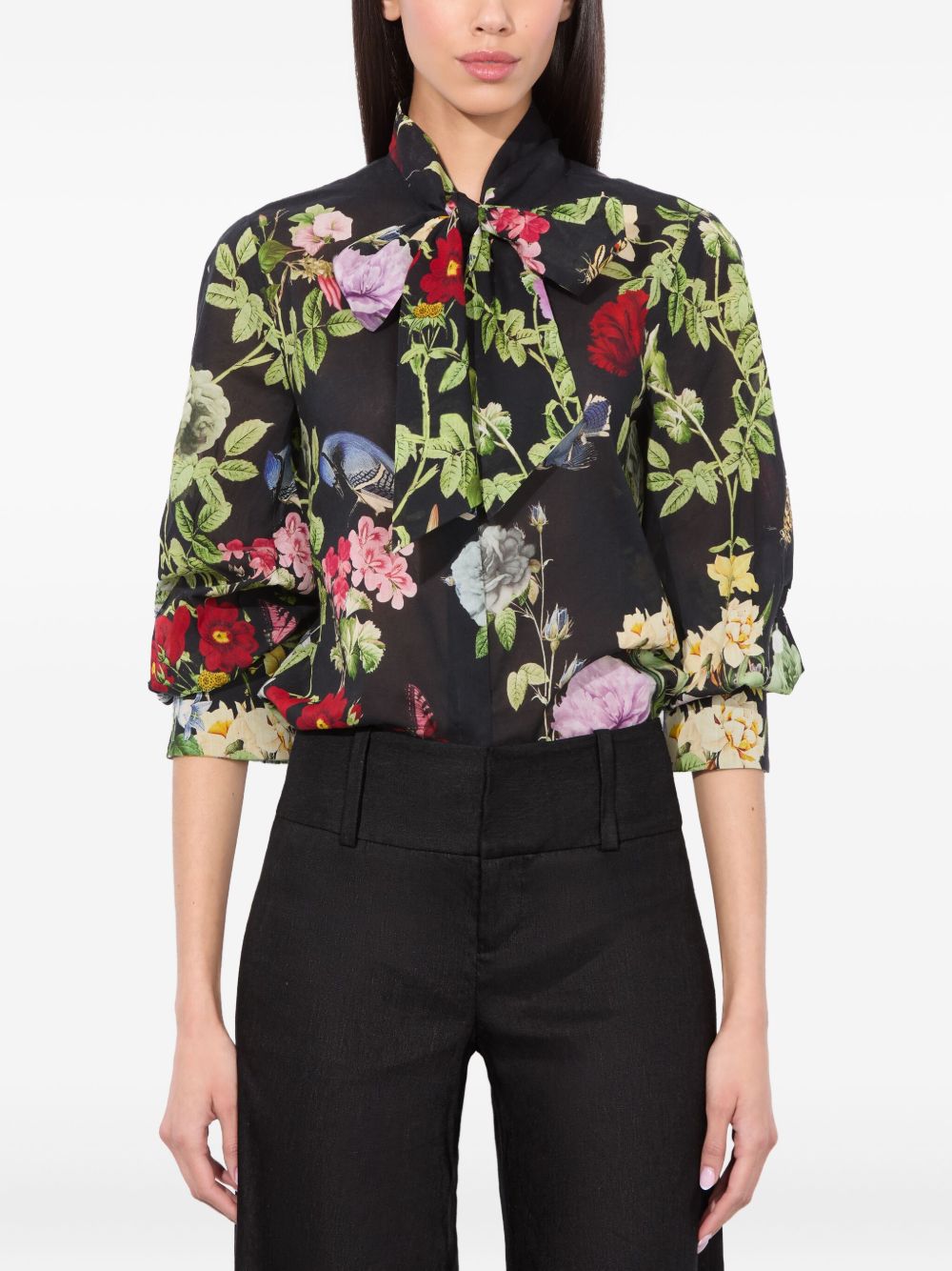 Alice + Olivia Floral-Print Cotton Pussy-Bow Blouse Black Black