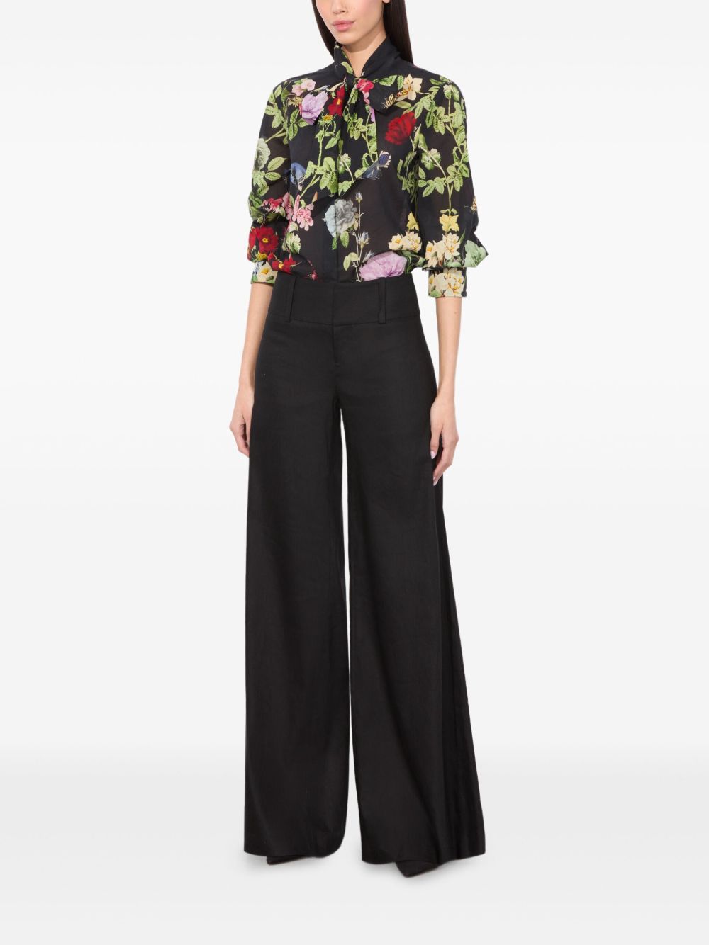 Alice + Olivia Floral-Print Cotton Pussy-Bow Blouse Black Black
