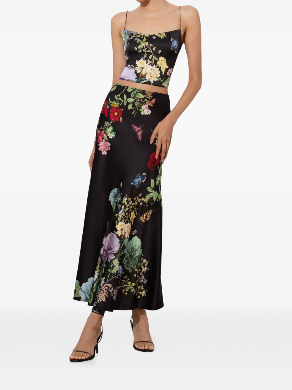 Alice + Olivia Floral-Print Bias-Cut Terese Long Slip Skirt Black black