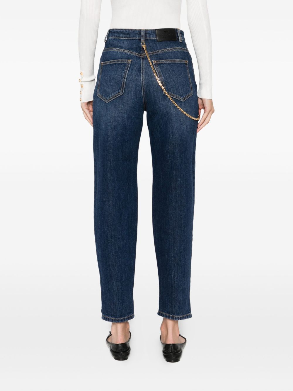 Elisabetta Franchi High-Waisted Tapered Cropped Jeans with Gold Chain Blue