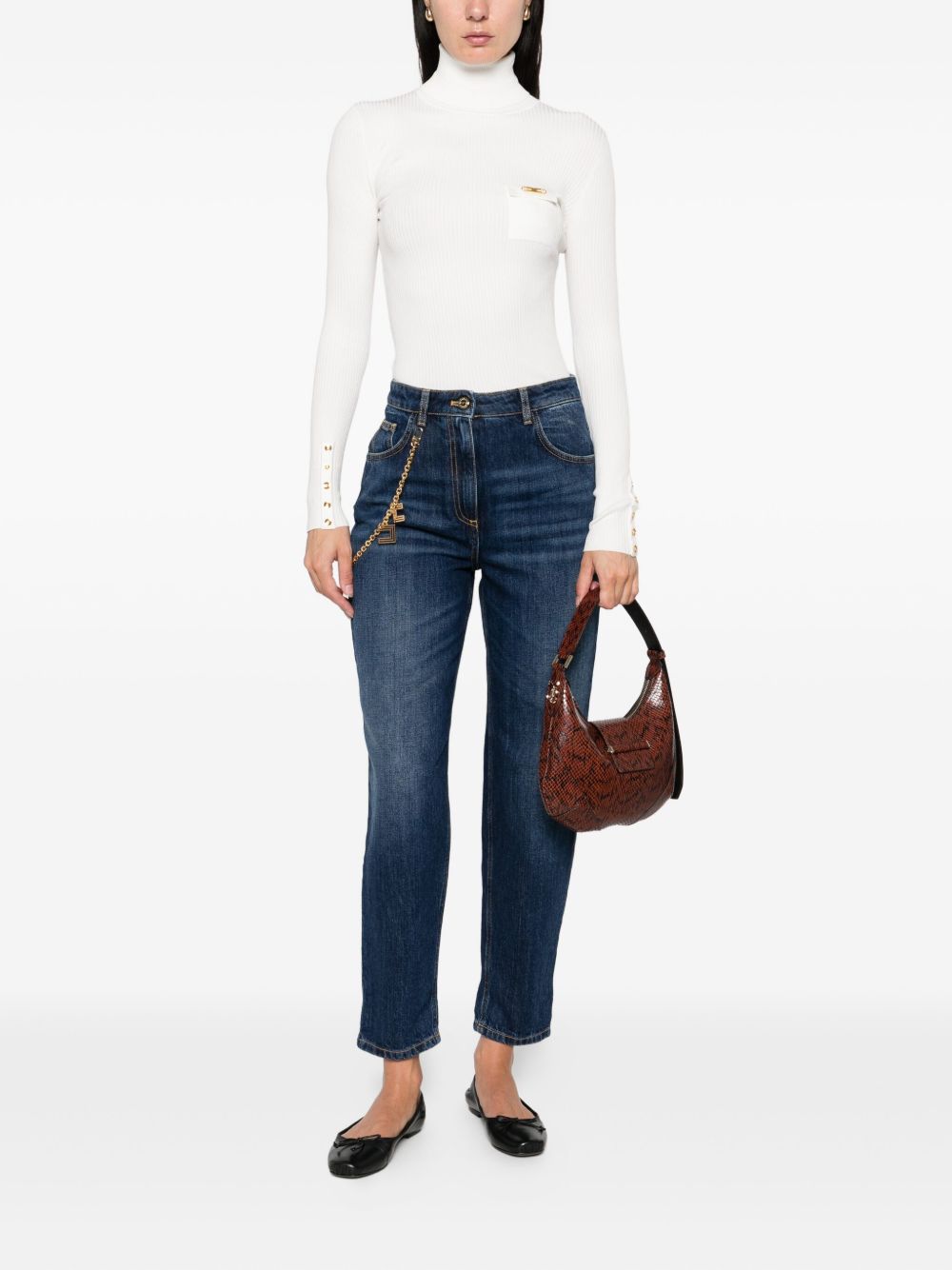 Elisabetta Franchi High-Waisted Tapered Cropped Jeans with Gold Chain Blue