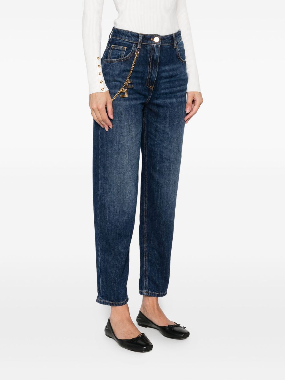 Elisabetta Franchi High-Waisted Tapered Cropped Jeans with Gold Chain Blue