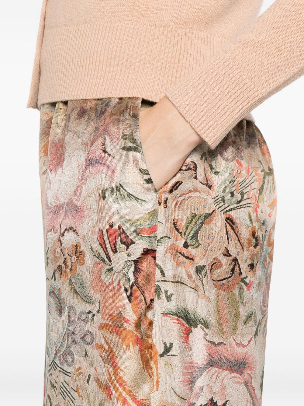 Pierre Louis Mascia Floral Silk Printed Trousers Beige