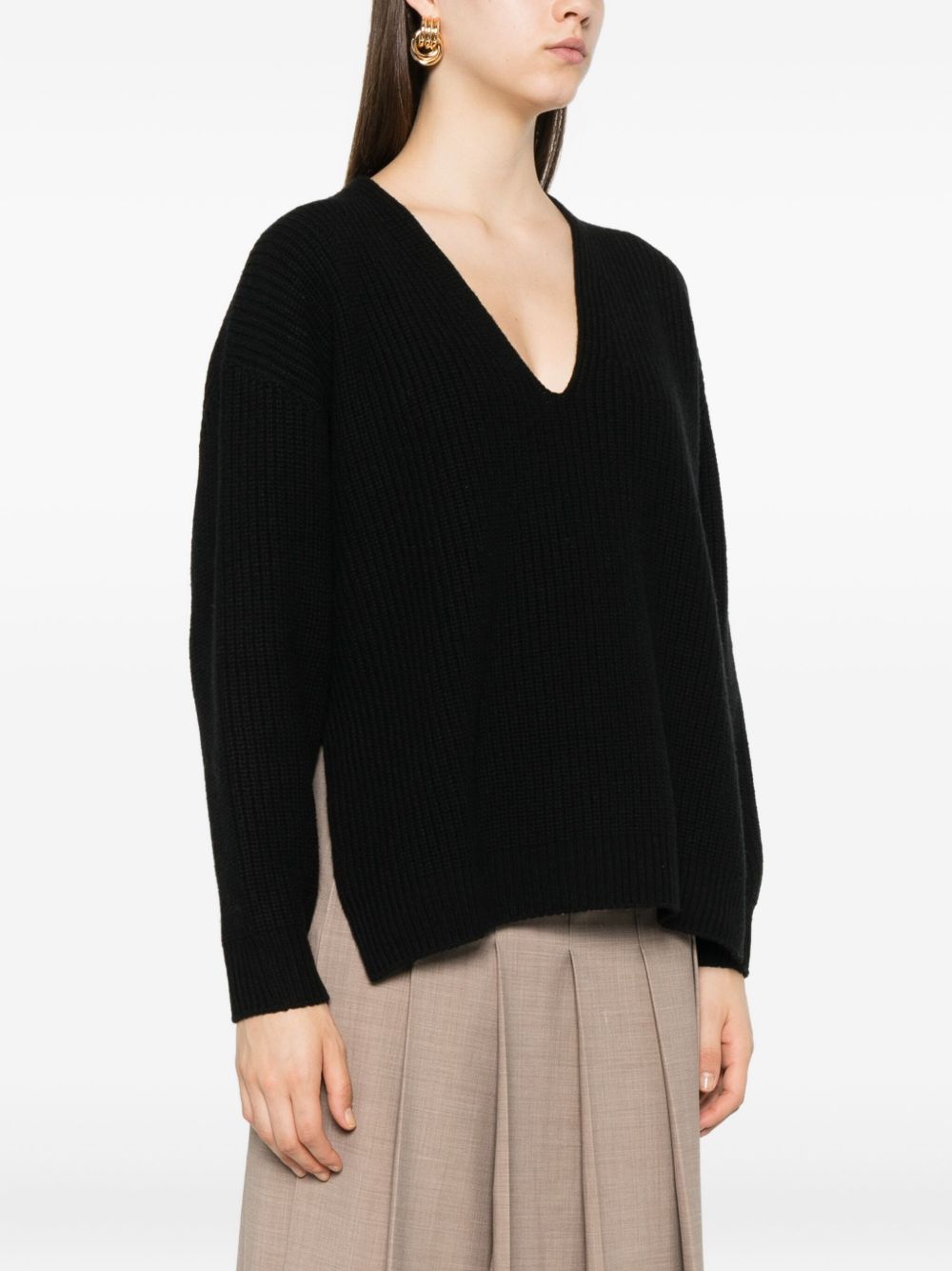 Fabiana Filippi Ribbed Wool V-Neck Sweater Black