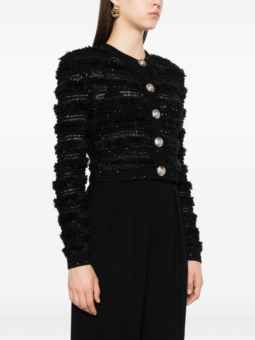 Balmain Sequin-Embellished Cropped Tweed Cardigan Black