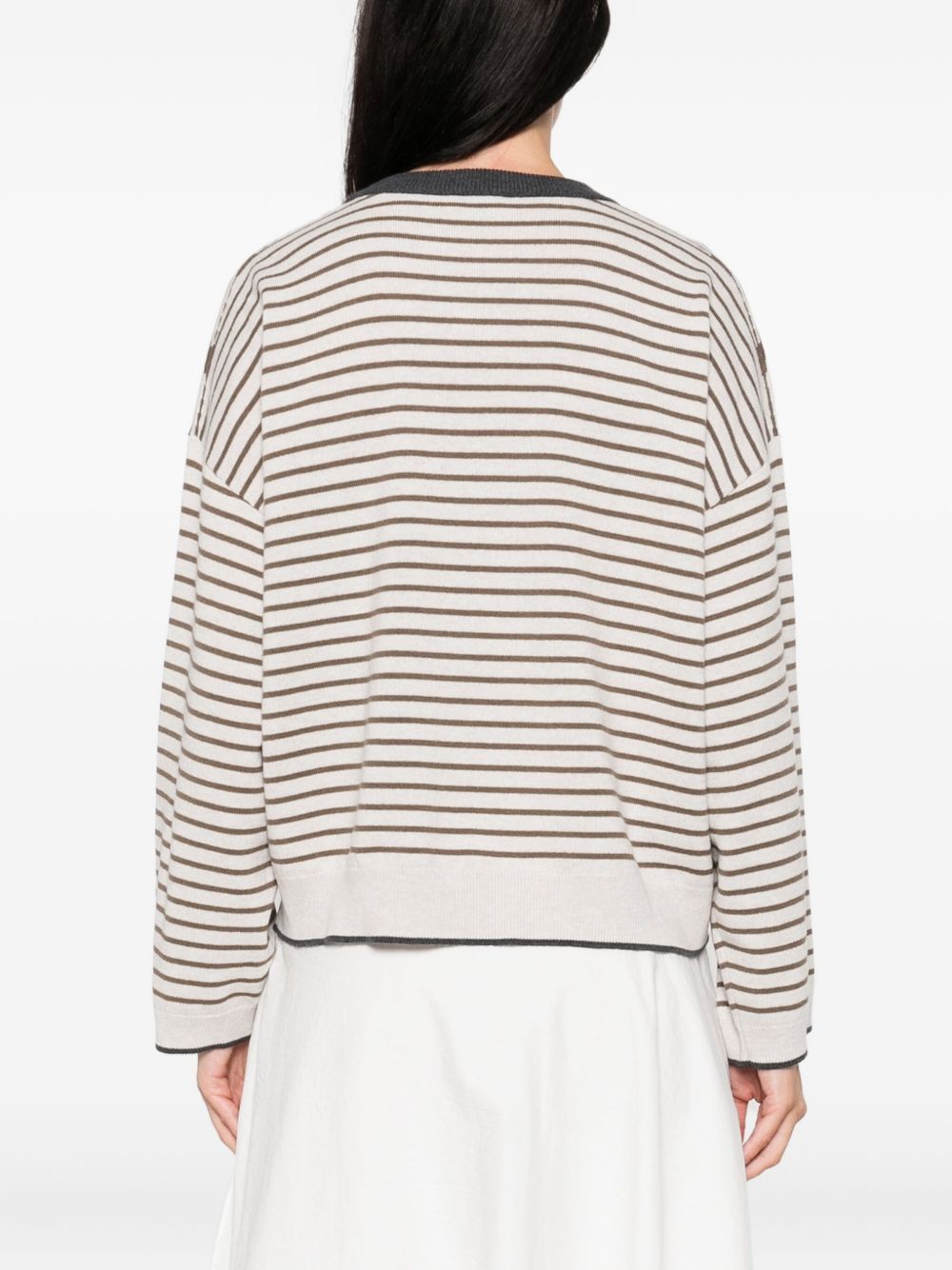 Brunello Cucinelli Ivory Wool and Cashmere Striped Crewneck Sweater Ivory