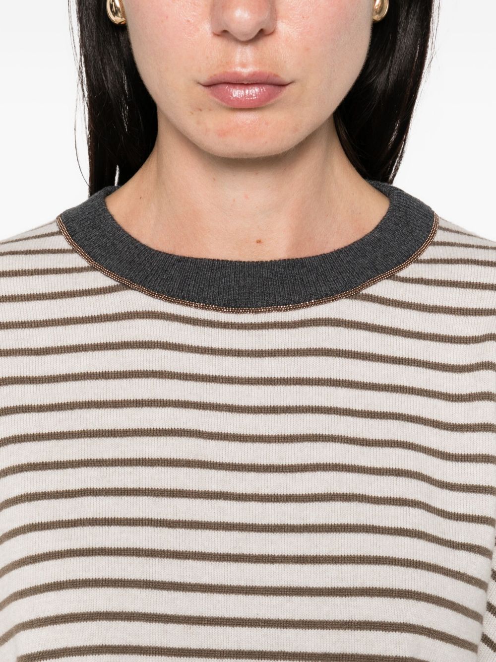 Brunello Cucinelli Ivory Wool and Cashmere Striped Crewneck Sweater Ivory