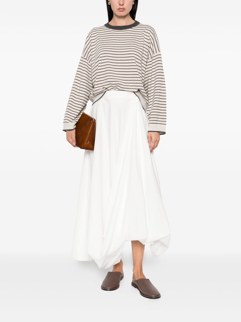 Brunello Cucinelli Ivory Wool and Cashmere Striped Crewneck Sweater Ivory
