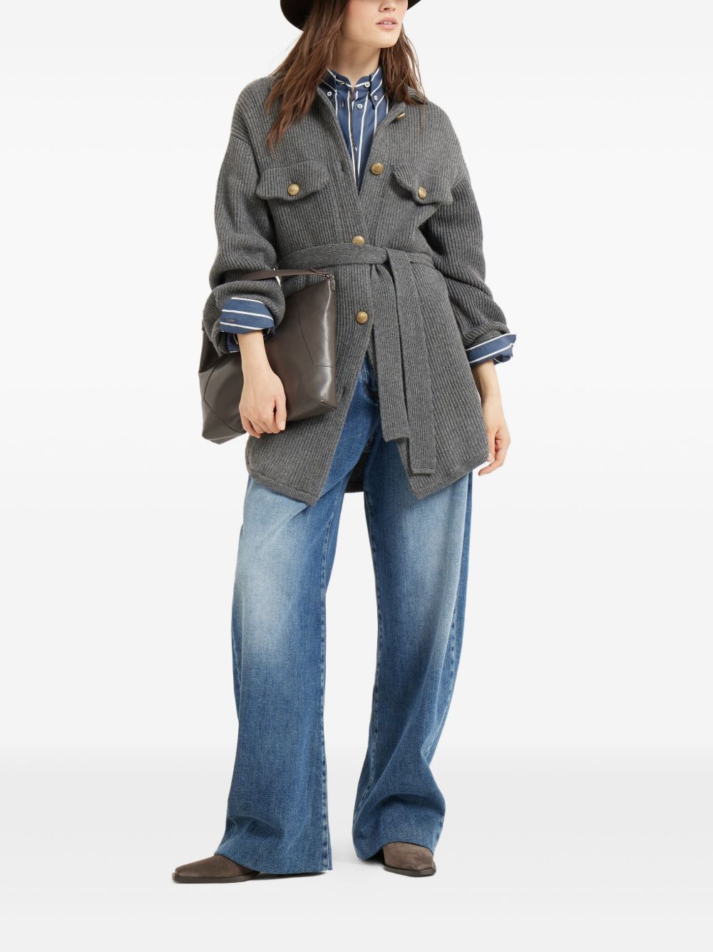 Brunello Cucinelli Ribbed-Knit Wool and Cashmere Belted Cardigan Grey