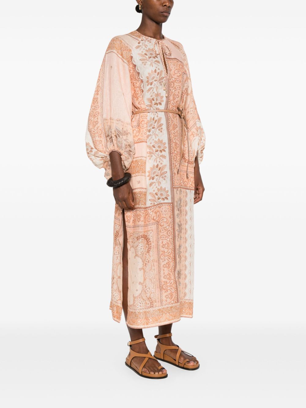 Zimmermann Salmon Pink Linen Belted Midi Dress MultiColour