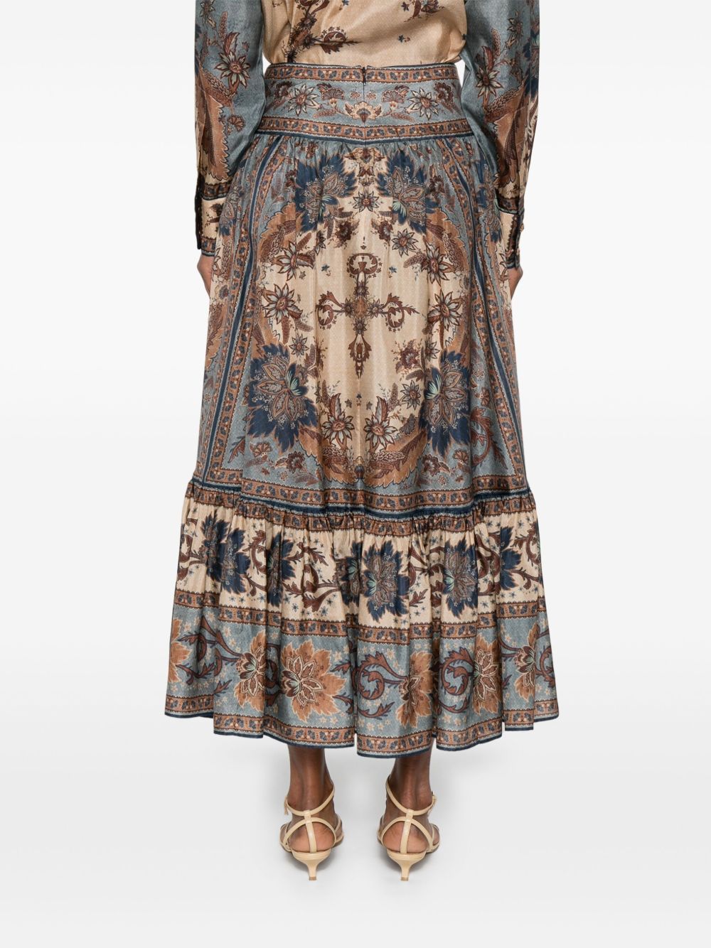 Zimmermann Ascension Floral Silk Midi Skirt Blue