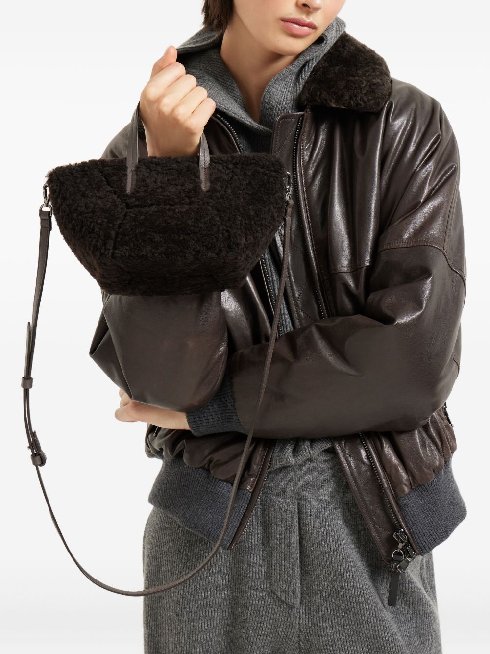 Brunello Cucinelli BC Duo Mini Shearling Shopper Bag Brown