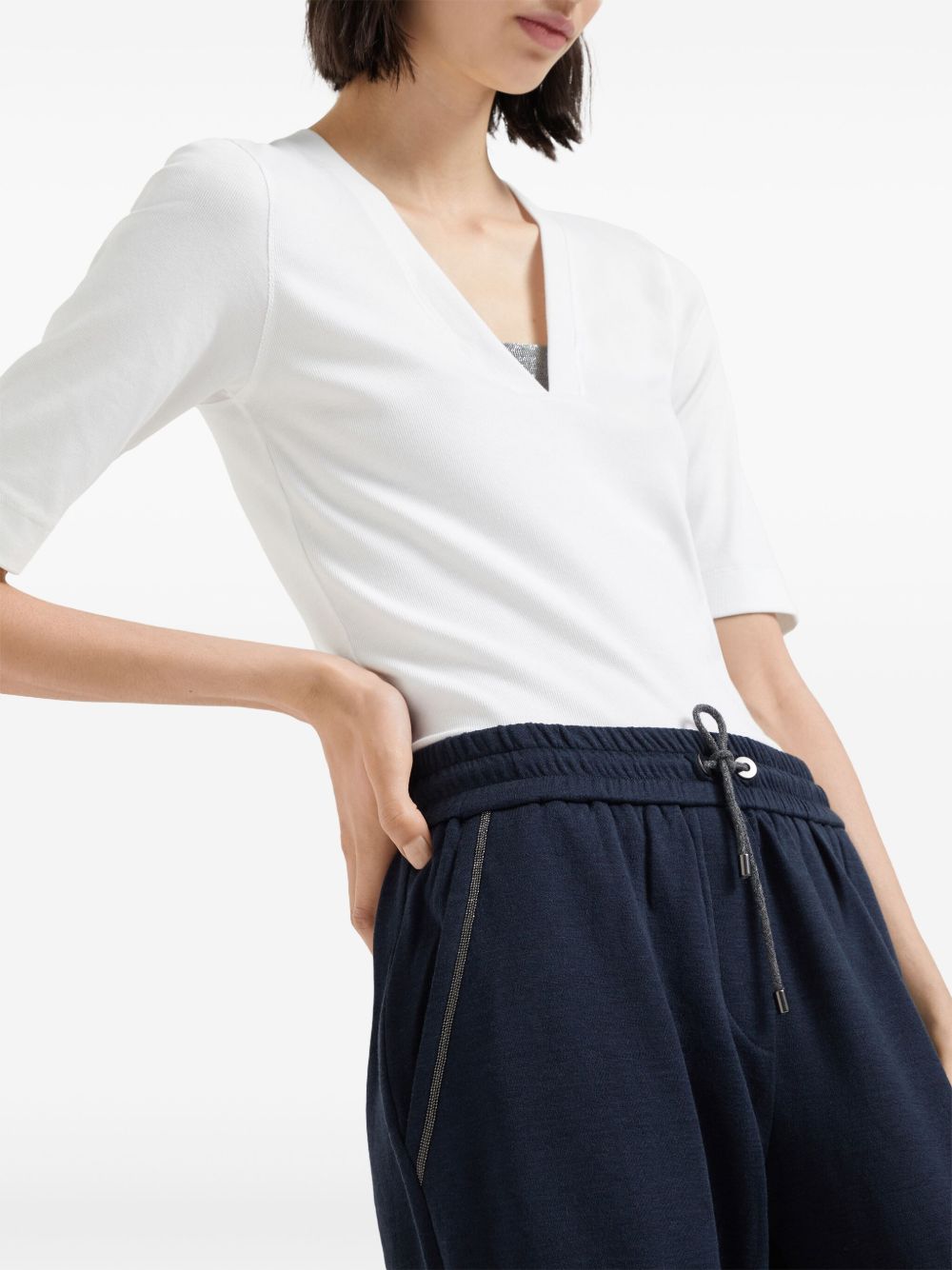 Brunello Cucinelli Elasticated Skinny Cotton-Silk Trousers Blue