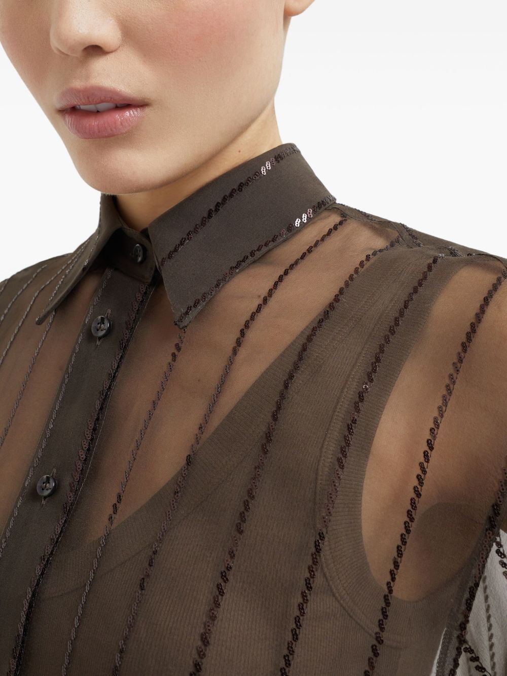 Brunello Cucinelli Silk Semi-Sheer Chocolate Brown Long-Sleeve Shirt Brown