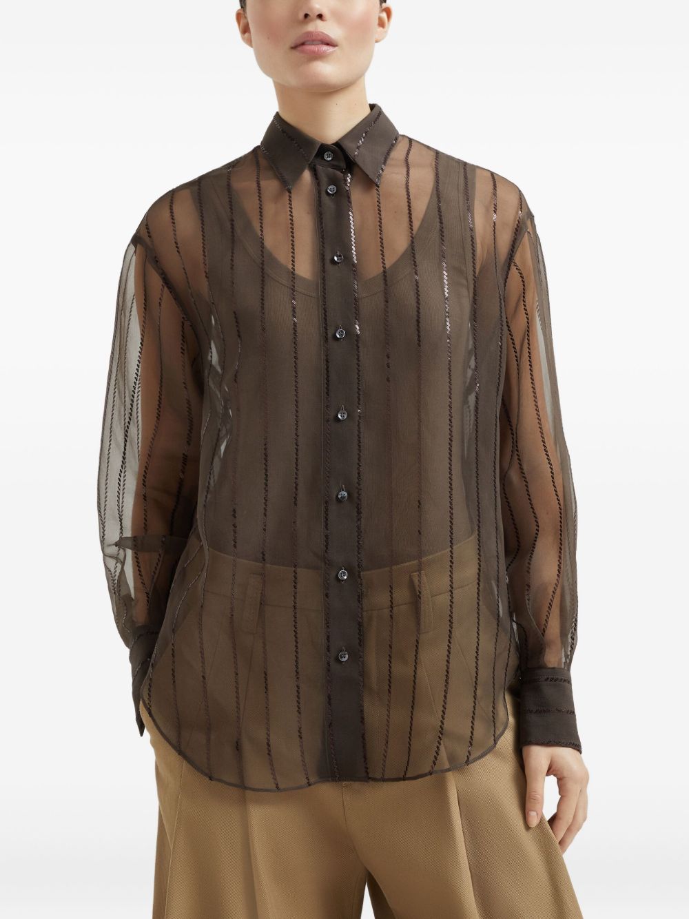 Brunello Cucinelli Silk Semi-Sheer Chocolate Brown Long-Sleeve Shirt Brown