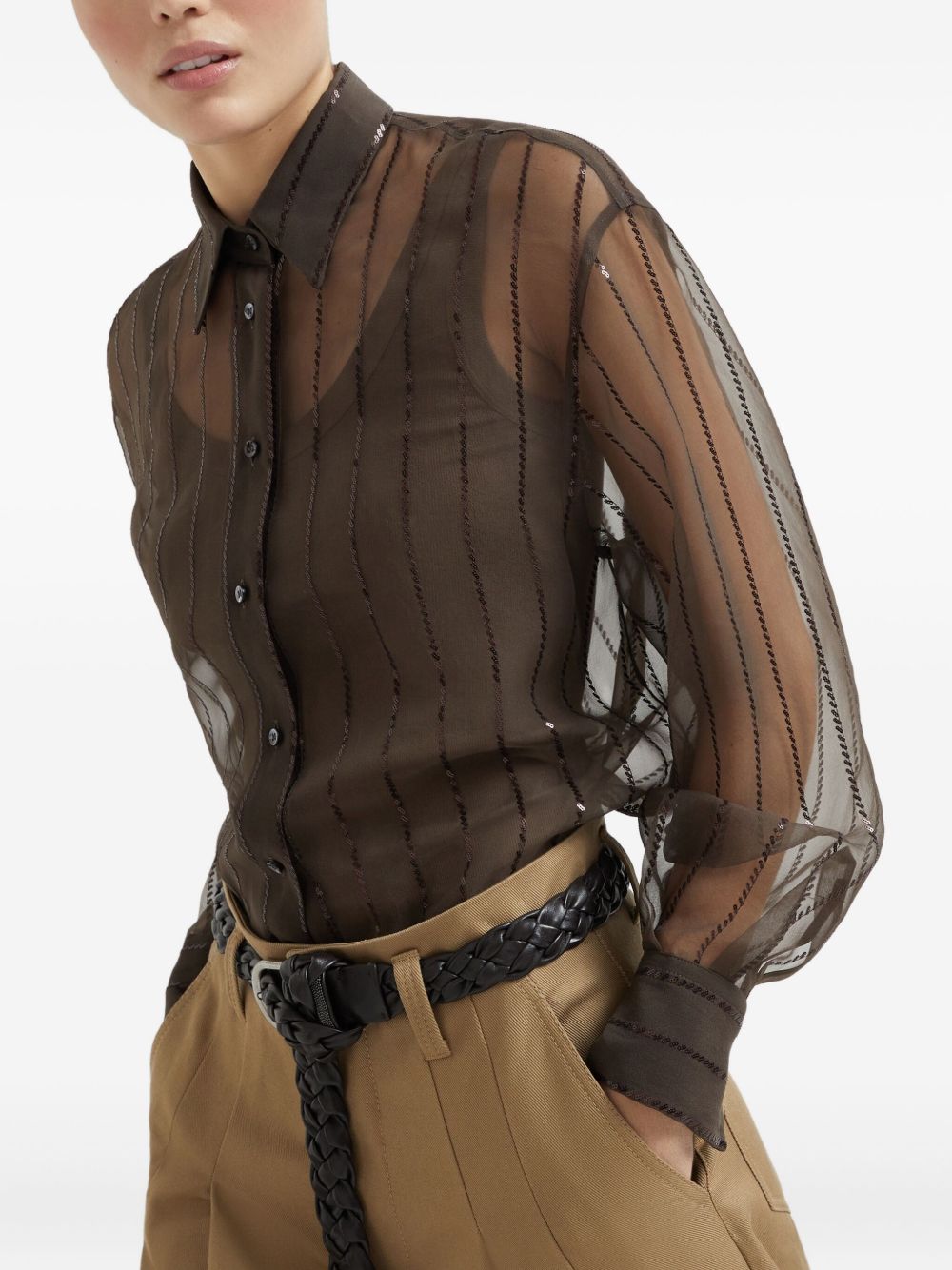 Brunello Cucinelli Silk Semi-Sheer Chocolate Brown Long-Sleeve Shirt Brown