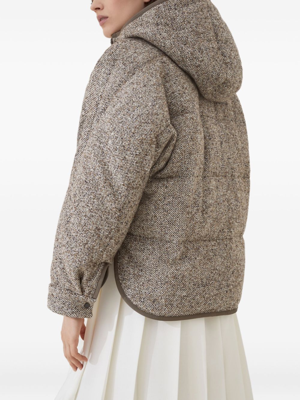 Brunello Cucinelli Chevron-Pattern Down Hoodie Coat Beige