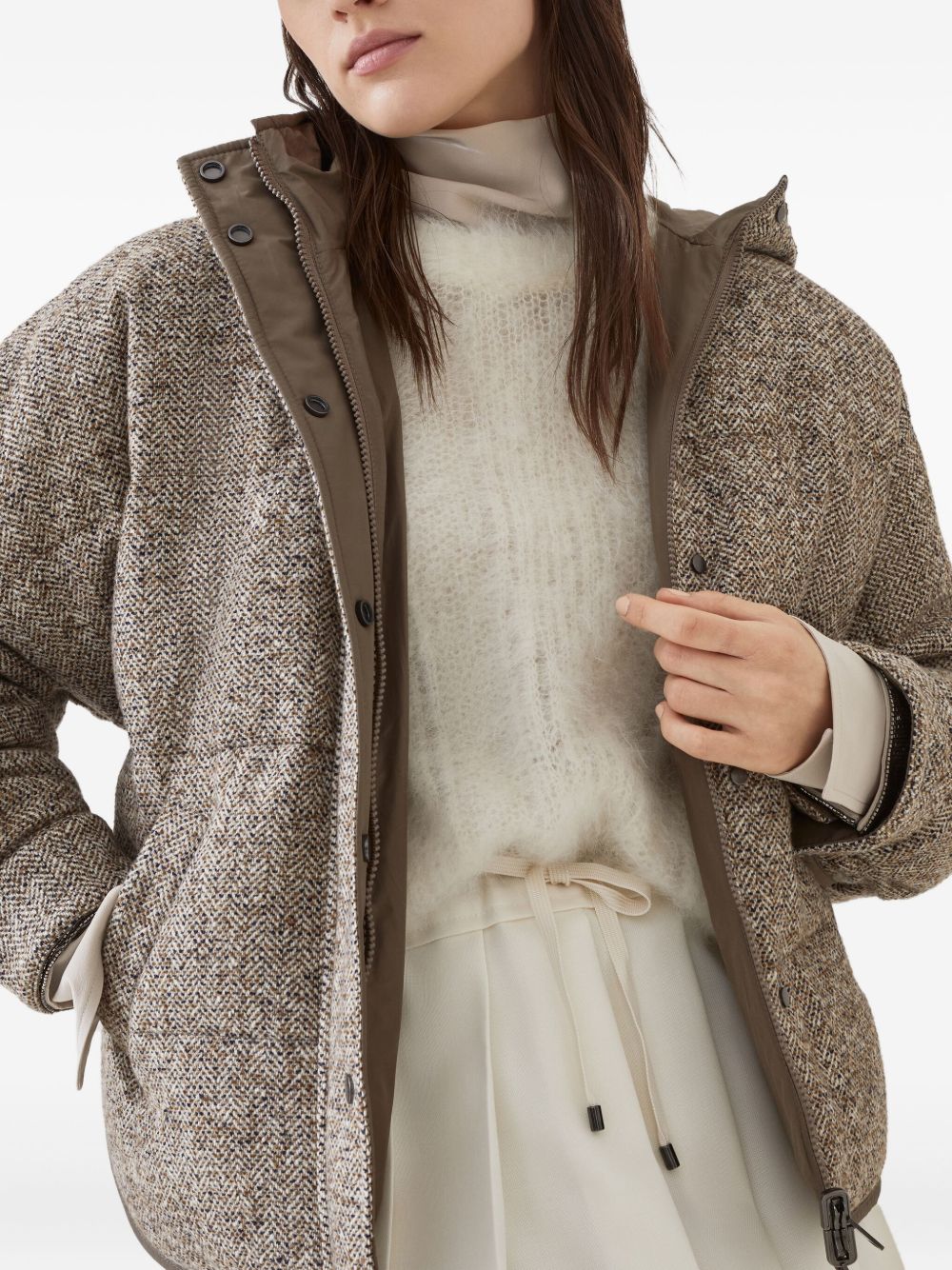 Brunello Cucinelli Chevron-Pattern Down Hoodie Coat Beige