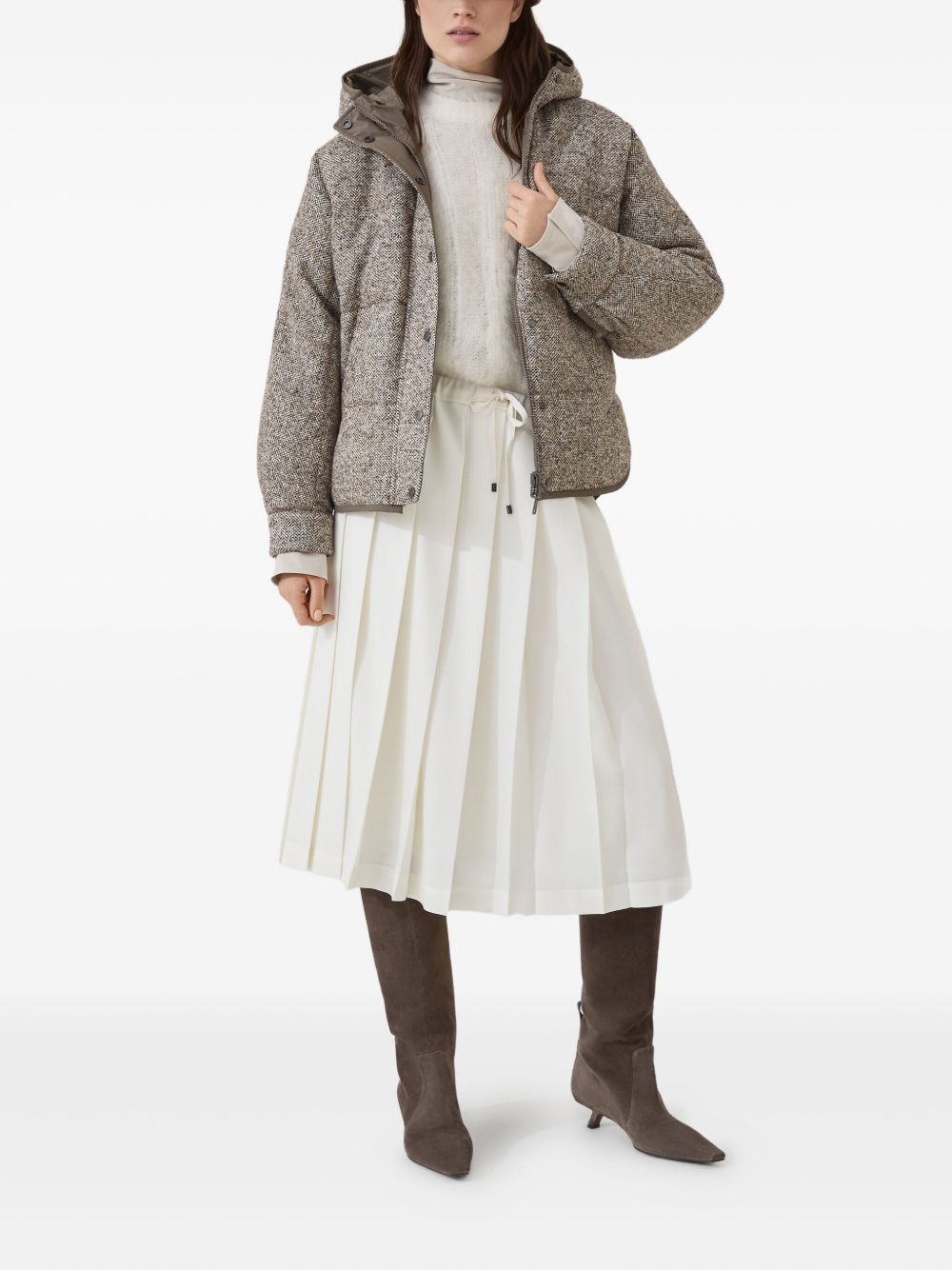 Brunello Cucinelli Chevron-Pattern Down Hoodie Coat Beige
