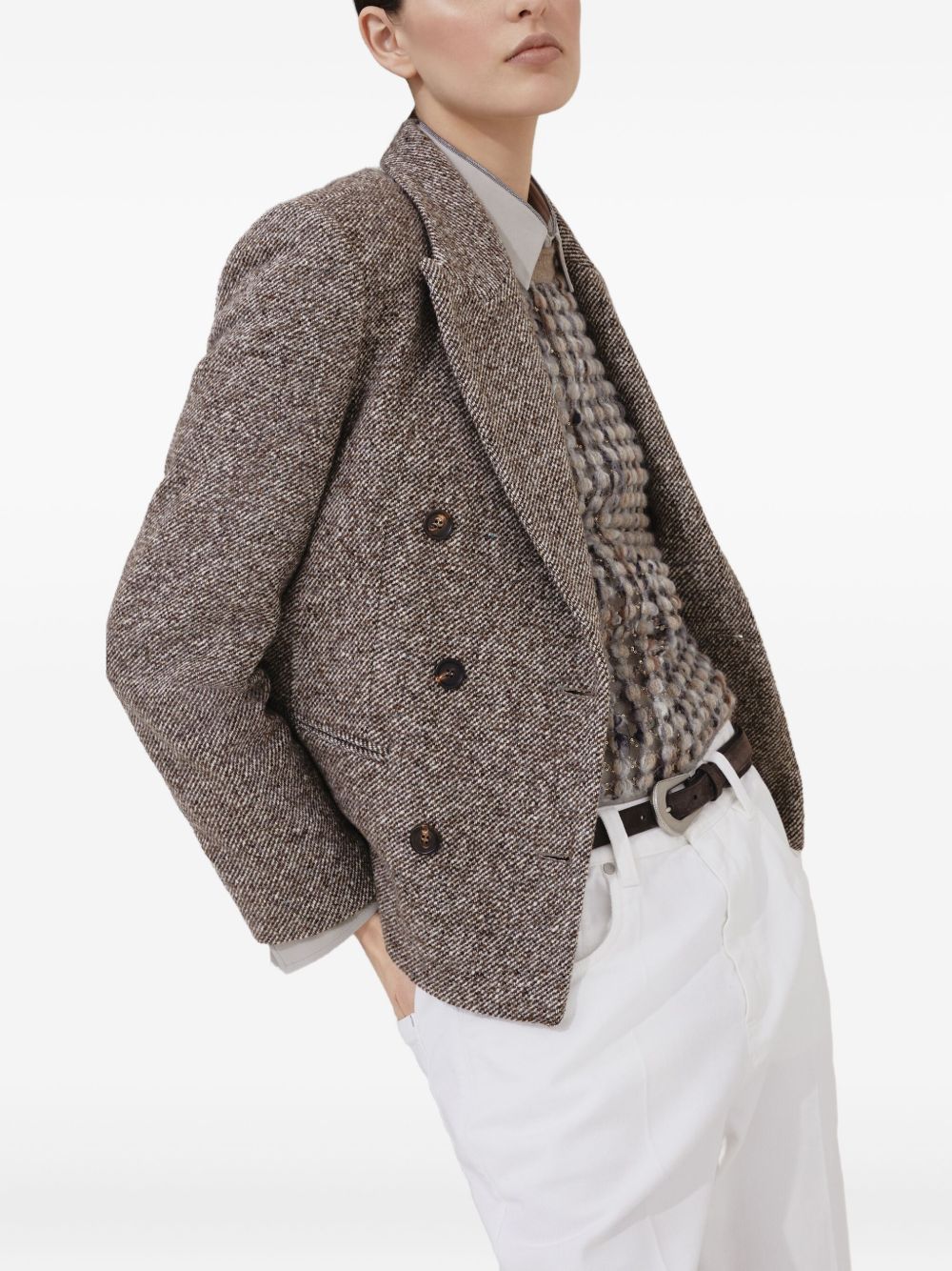 Brunello Cucinelli Single-Breasted Mélange Wool Jacket with Shiny Brown Details Brown