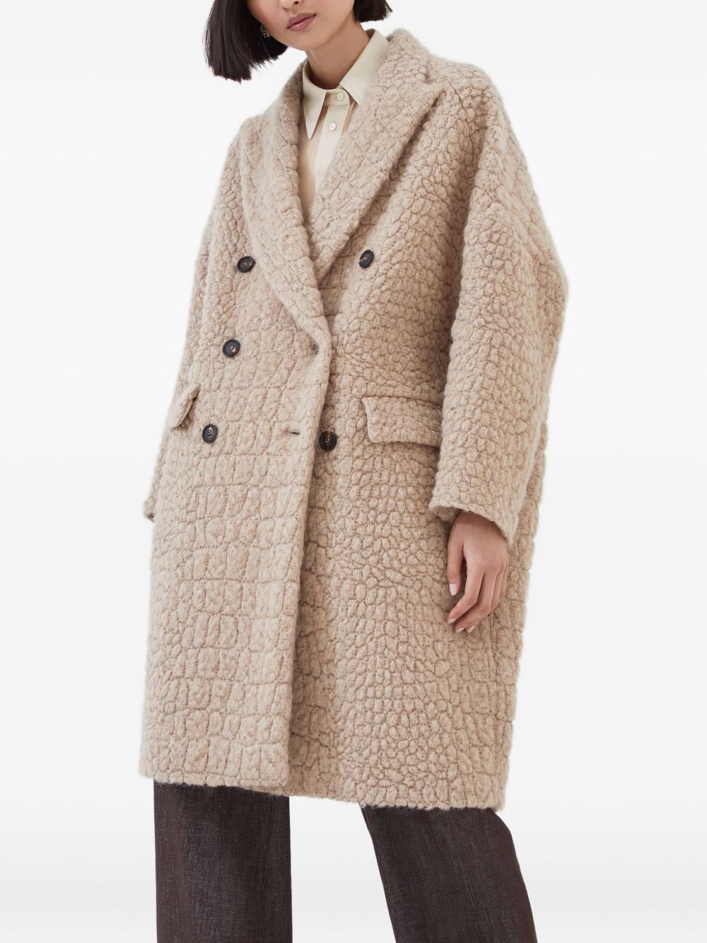 Brunello Cucinelli Double-Breasted Mohair and Wool Bouclé Coat Camel Camel