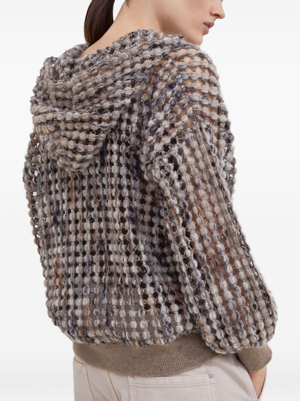 Brunello Cucinelli Embellished Sequin Hooded Wool-Blend Zip Sweater Beige