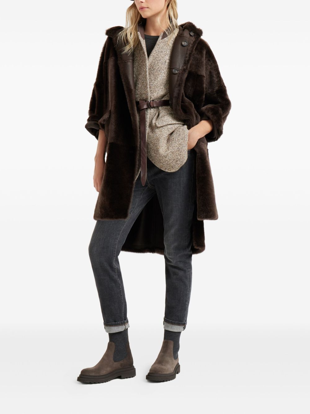 Brunello Cucinelli Double-Breasted Lamb Fur Coat Brown