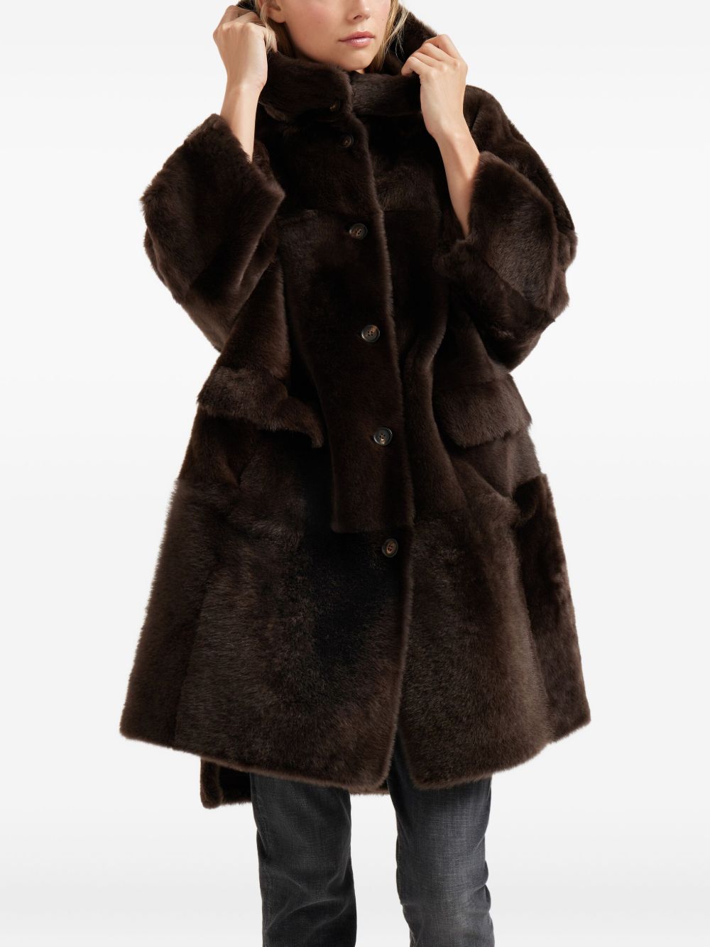Brunello Cucinelli Double-Breasted Lamb Fur Coat Brown