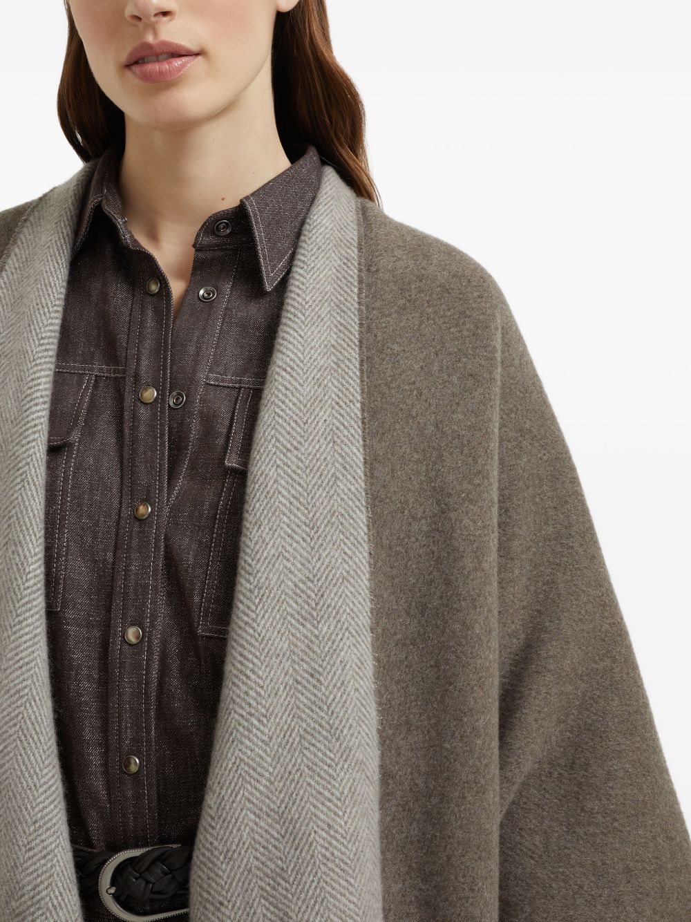 Brunello Cucinelli Herringbone Cashmere-Blend Fringed Reversible Poncho Brown