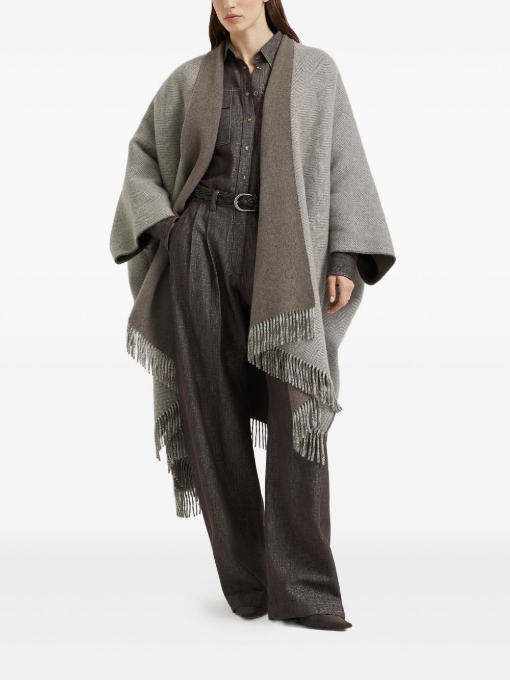 Brunello Cucinelli Herringbone Cashmere-Blend Fringed Reversible Poncho Brown