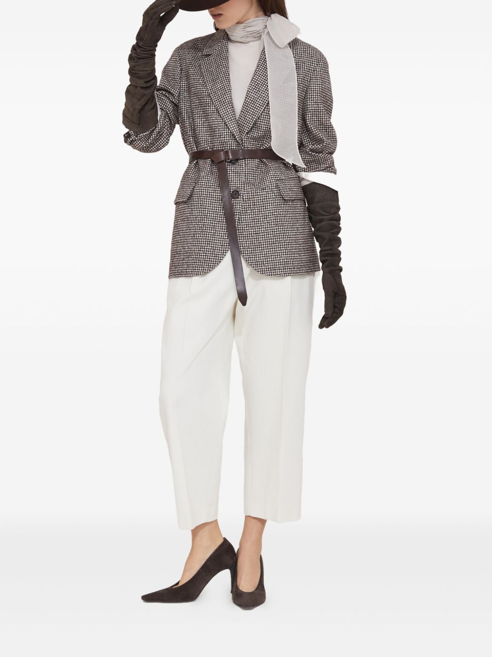 Brunello Cucinelli Wool-Alpaca Brown Belted Blazer with Notch Lapels Brown