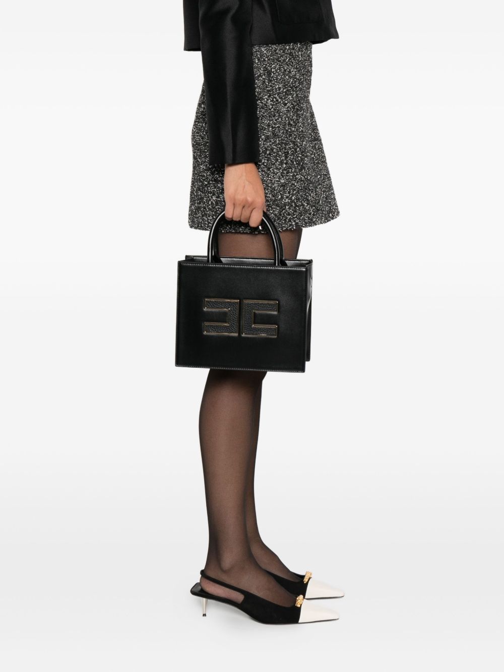 Elisabetta Franchi Small Black Silk and Nylon Tote Handbag Black