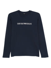 Emporio Armani Navy Cotton-Blend Long-Sleeve Top with Embroidered Logo Blue