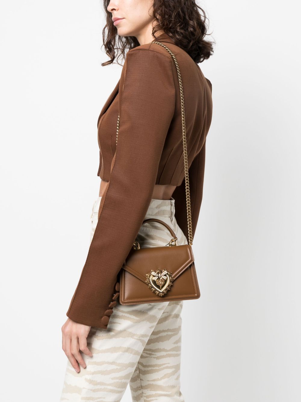Dolce & Gabbana Devotion Small Top Handle Leather Handbag Leather Brown
