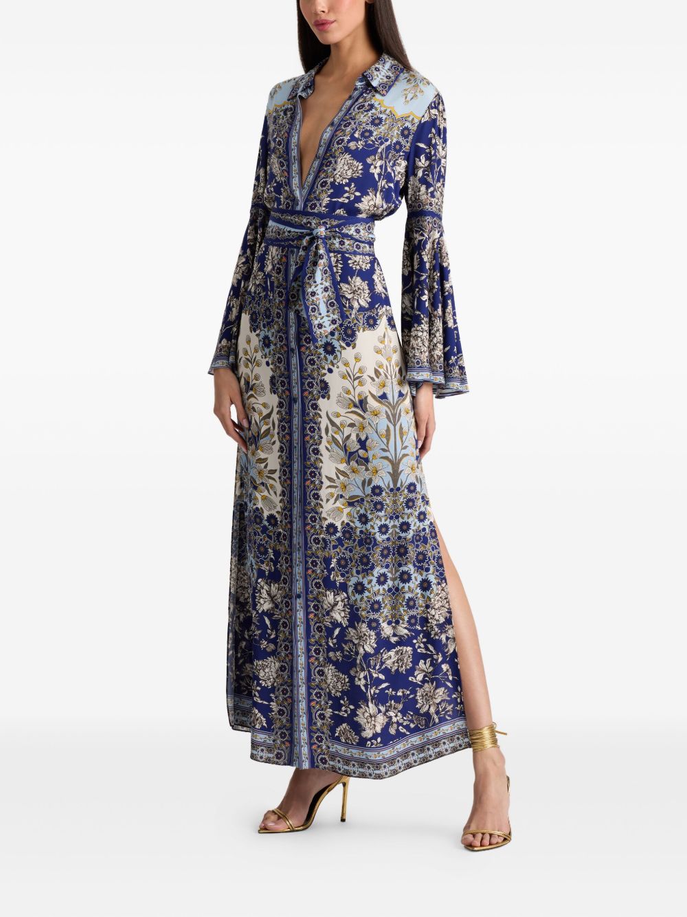 Alice + Olivia Floral Print Bell-Sleeve Shirt Dress Purple