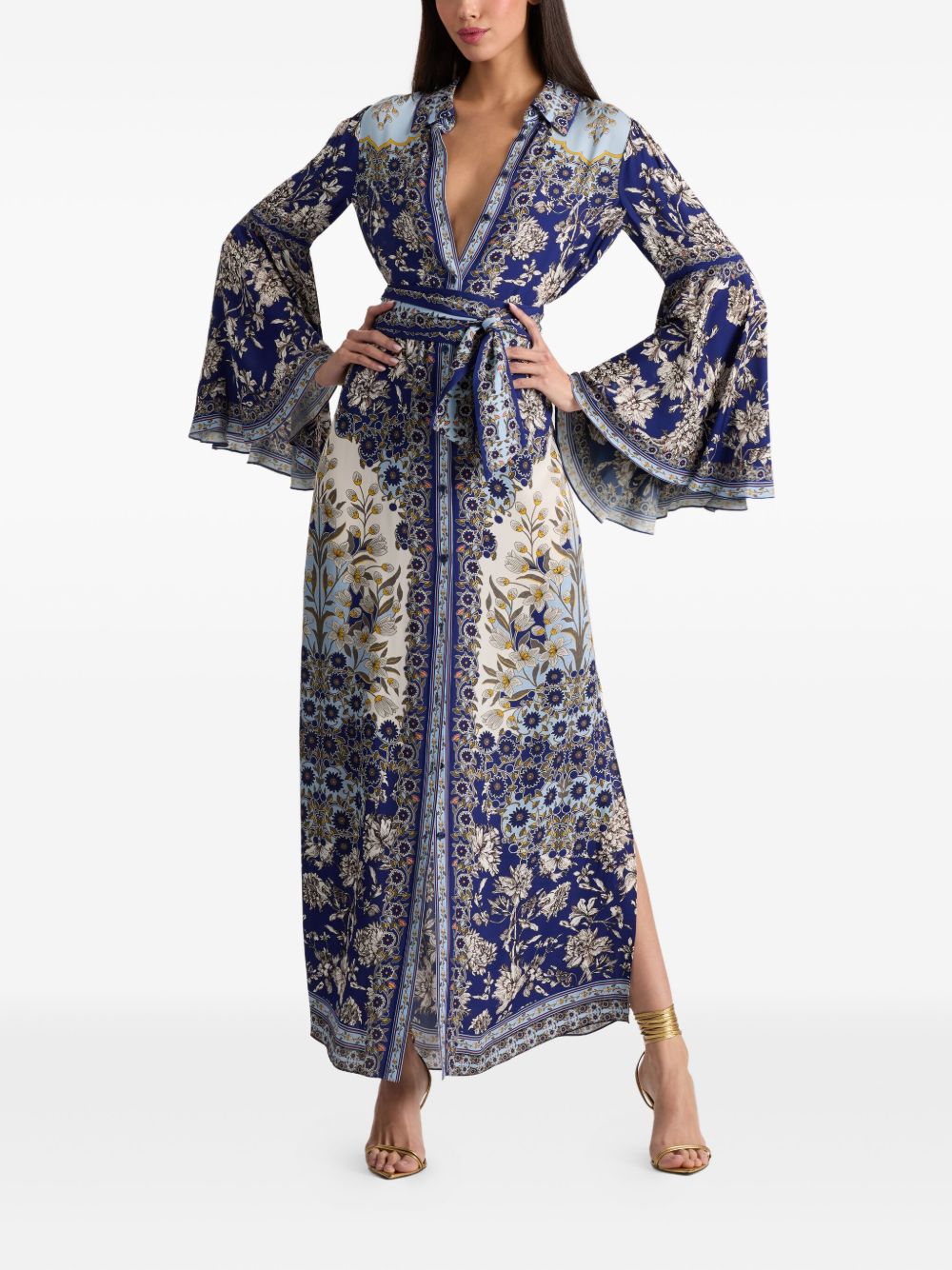 Alice + Olivia Floral Print Bell-Sleeve Shirt Dress Purple