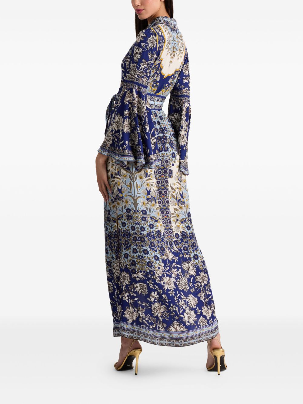 Alice + Olivia Floral Print Bell-Sleeve Shirt Dress Purple