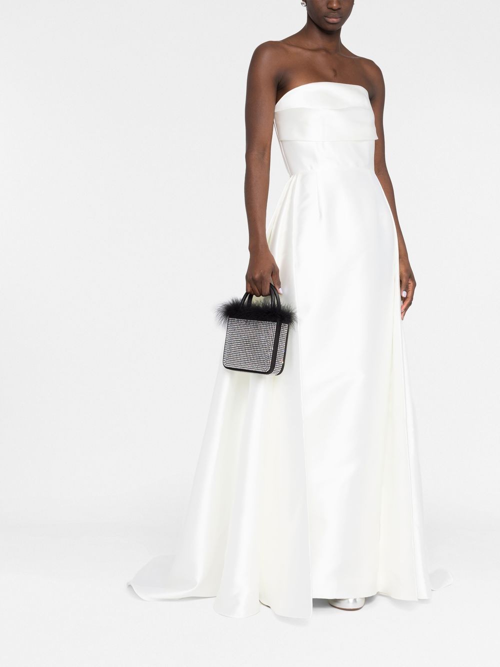 Solace London Bandeau Metallic Sheen Strapless High-Low Gown White