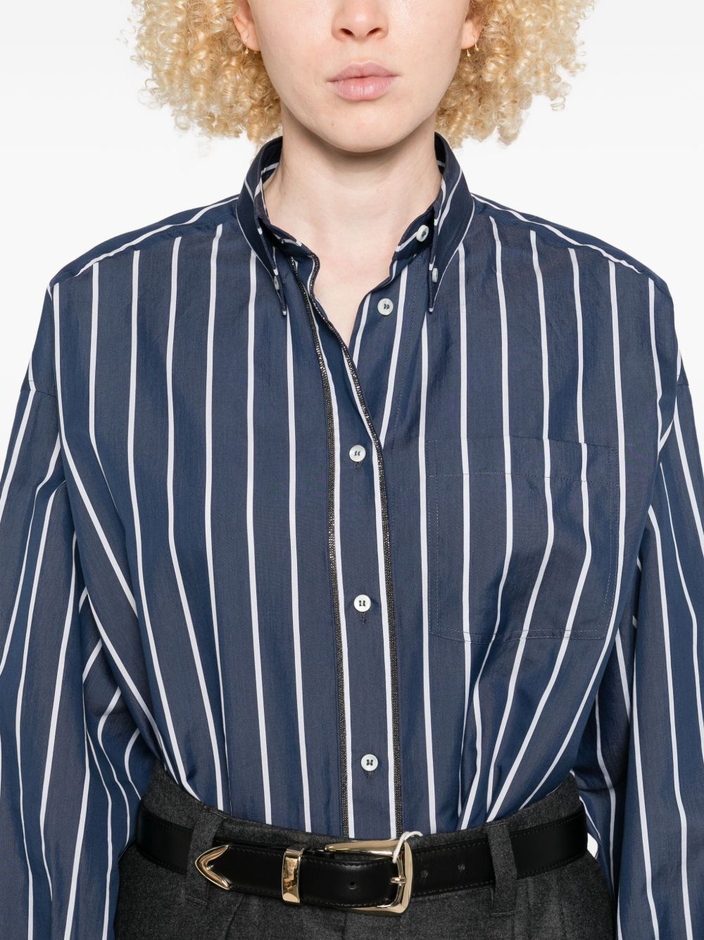 Brunello Cucinelli Striped Cotton and Silk Long-Sleeve Shirt Blue blue