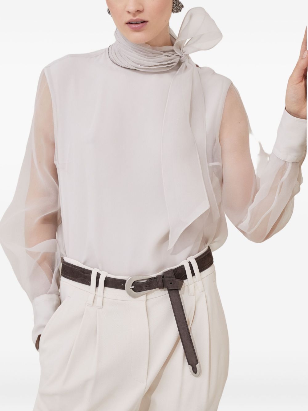 Brunello Cucinelli Ivory Silk High-Neck Puff-Sleeve Blouse Ivory