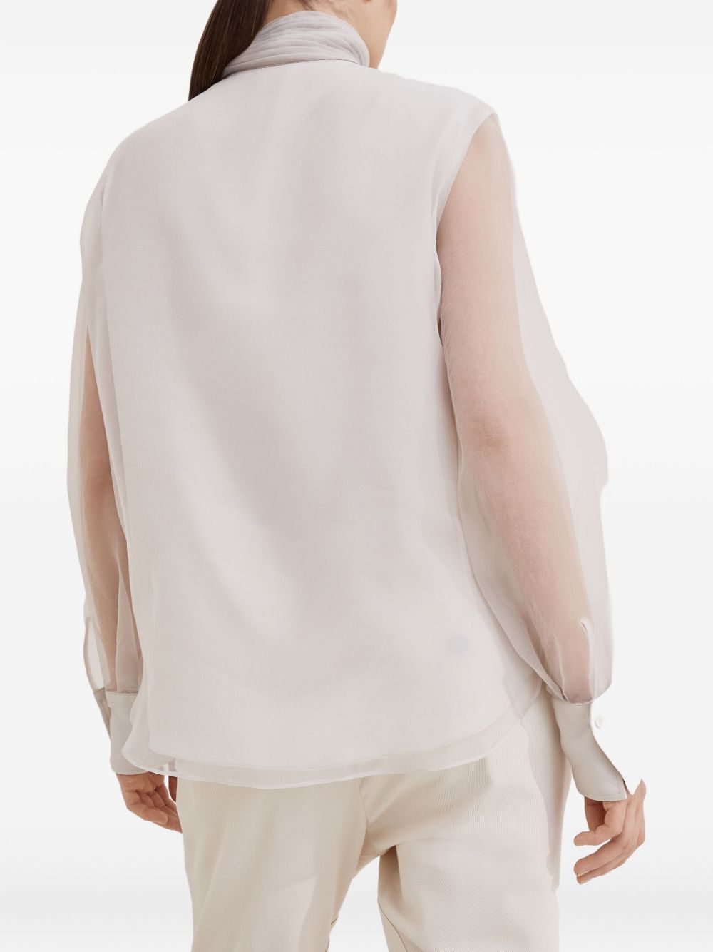 Brunello Cucinelli Ivory Silk High-Neck Puff-Sleeve Blouse Ivory